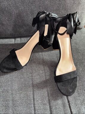 SHEIN Black Satin Ribbon Ankle-Tie Block Heels